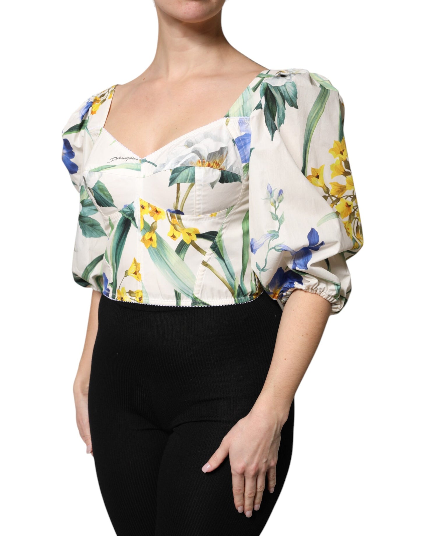 Top blusa corta de mangas abullonadas blancas con estampado floral de Dolce & Gabbana
