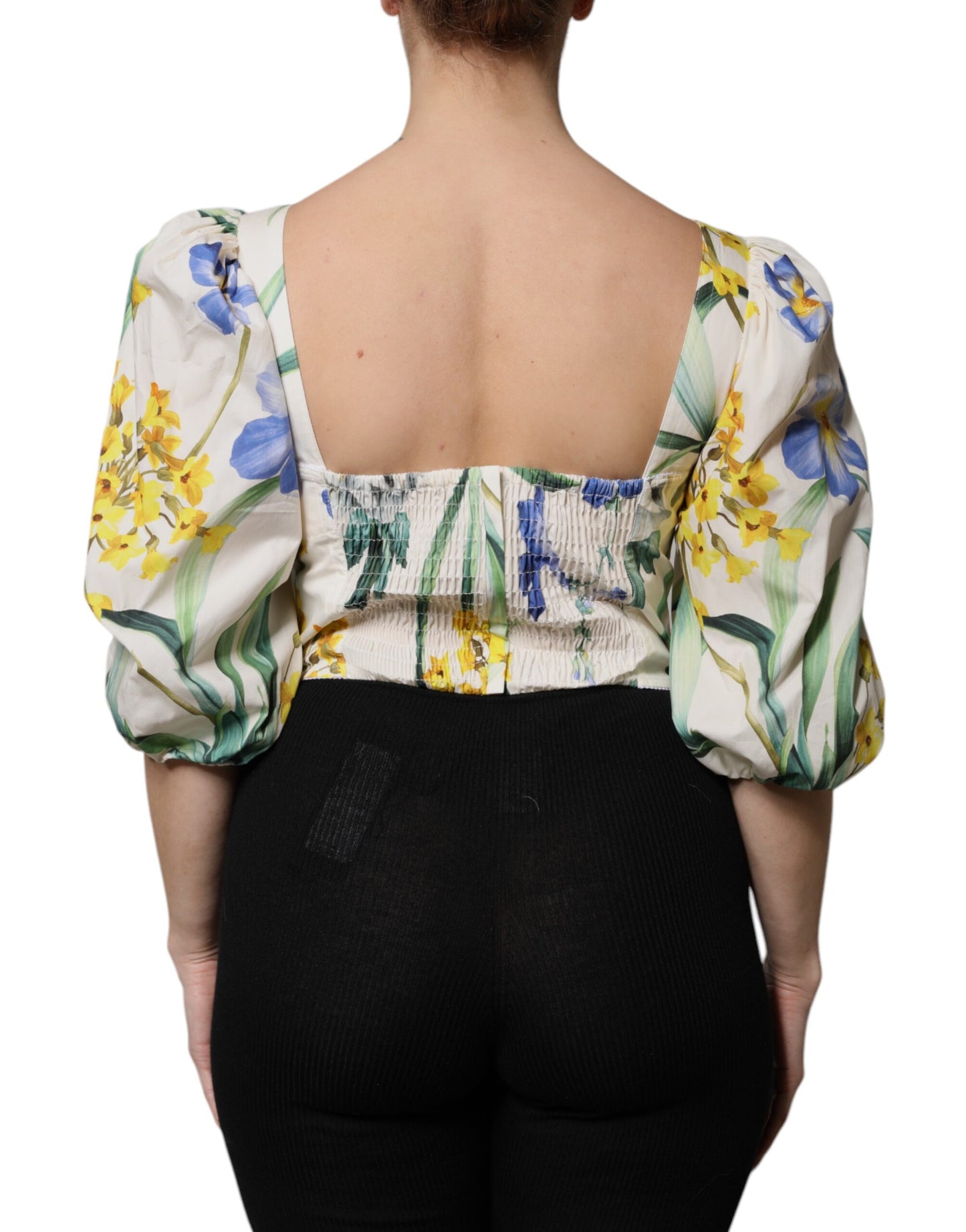 Top blusa corta de mangas abullonadas blancas con estampado floral de Dolce & Gabbana