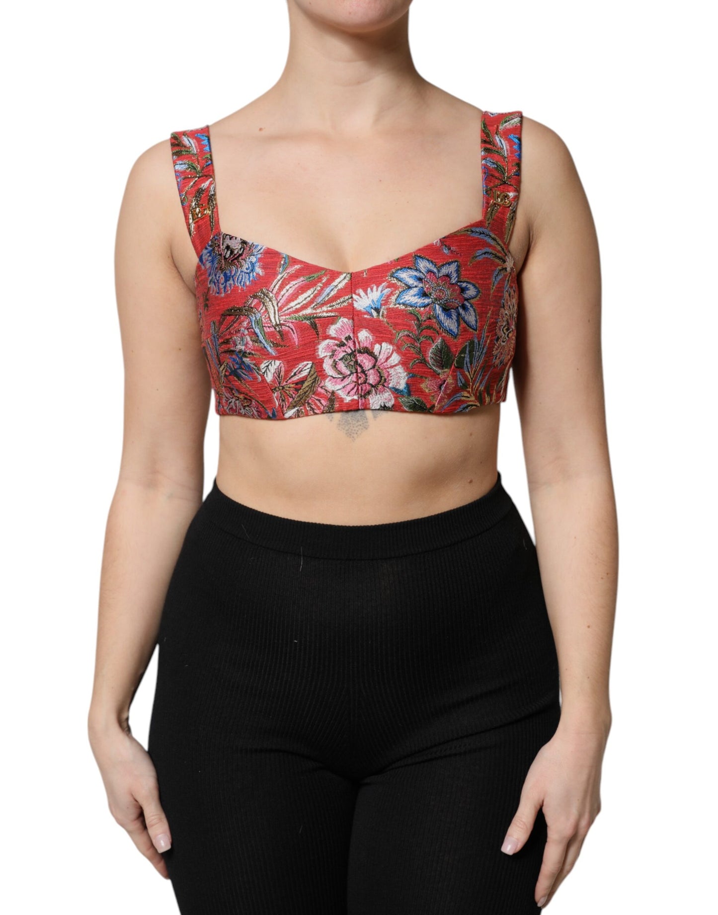 Top corsé bustier corto de brocado floral rojo de Dolce & Gabbana