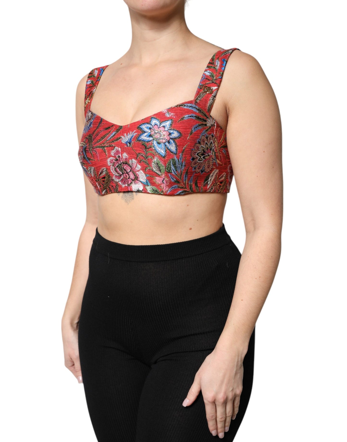Top corsé bustier corto de brocado floral rojo de Dolce & Gabbana