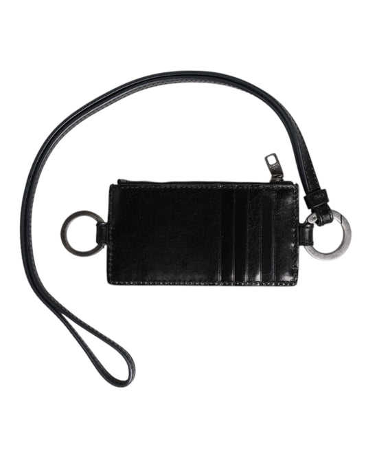 Tarjetero tipo cartera con cordón de cuero negro con logo grabado de Dolce & Gabbana