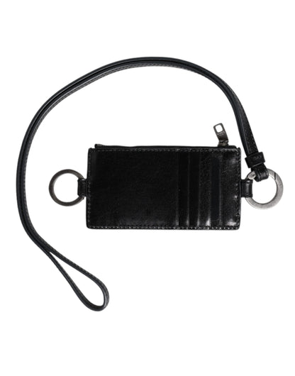 Tarjetero tipo cartera con cordón de cuero negro con logo grabado de Dolce & Gabbana