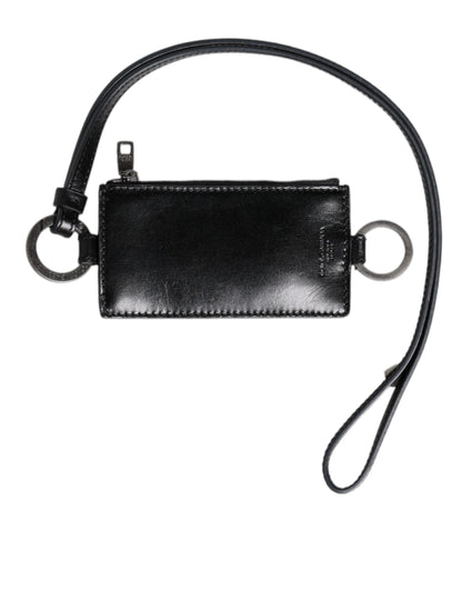 Tarjetero tipo cartera con cordón de cuero negro con logo grabado de Dolce & Gabbana