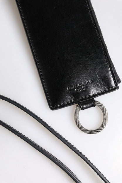 Tarjetero tipo cartera con cordón de cuero negro con logo grabado de Dolce & Gabbana