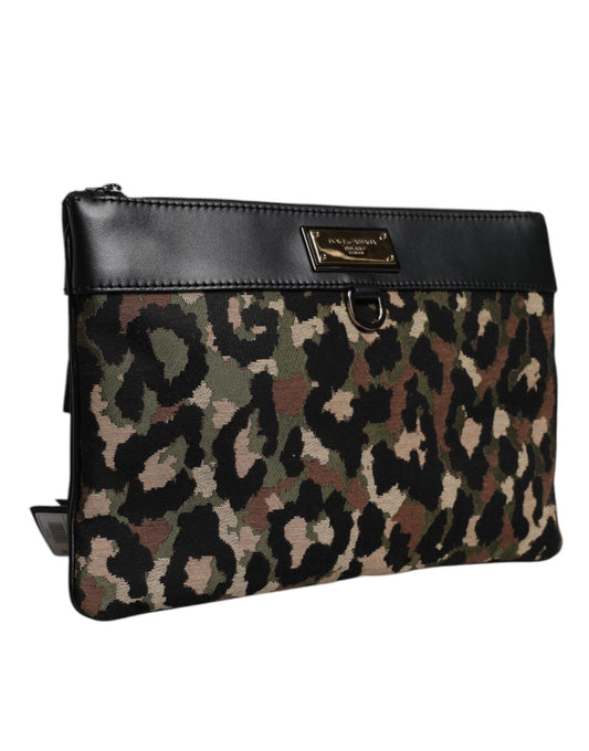 Sac pochette Dolce & Gabbana multicolore à imprimé léopard jacquard avec plaque logo