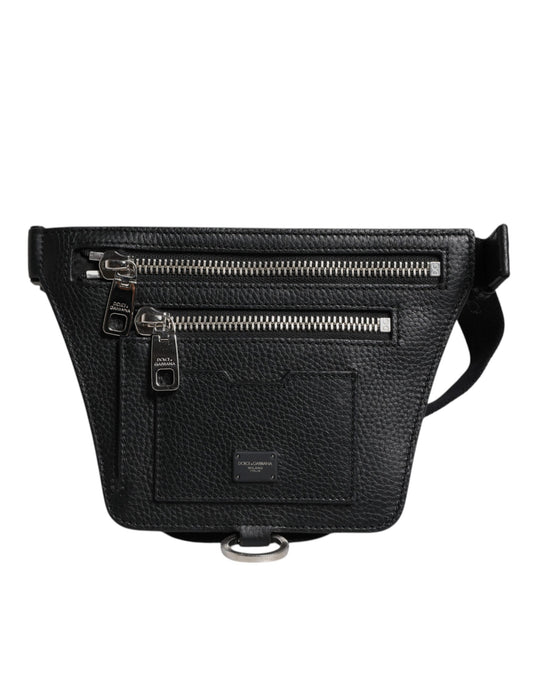 Dolce & Gabbana Bolso Cangurera Riñonera para Hombre en Piel de Becerro Negra con Placa del Logo