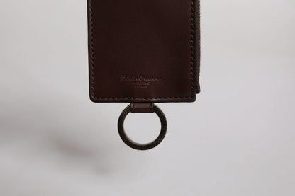 Billetera tarjetera con cordón en piel de becerro marrón con logo de Dolce & Gabbana