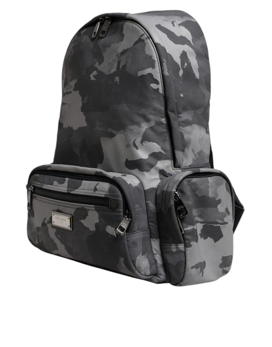 Dolce & Gabbana Gray Cotton Camouflage Logo Plaque Backpack Bag