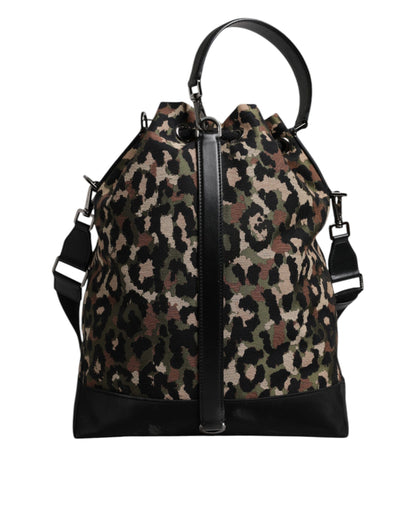 Bolso cubo al hombro de algodón con estampado de leopardo multicolor de Dolce & Gabbana
