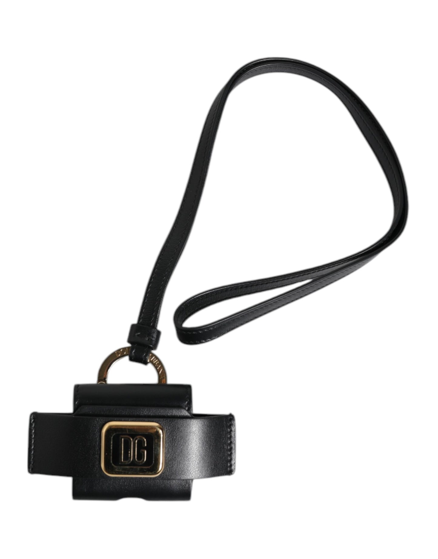 Dolce & Gabbana Black Leather Strap Gold Metal Logo Plaque Airpods Case