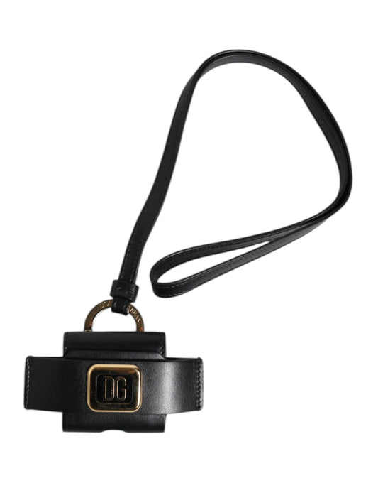 Estuche para AirPods Dolce & Gabbana de cuero negro con placa metálica dorada del logo