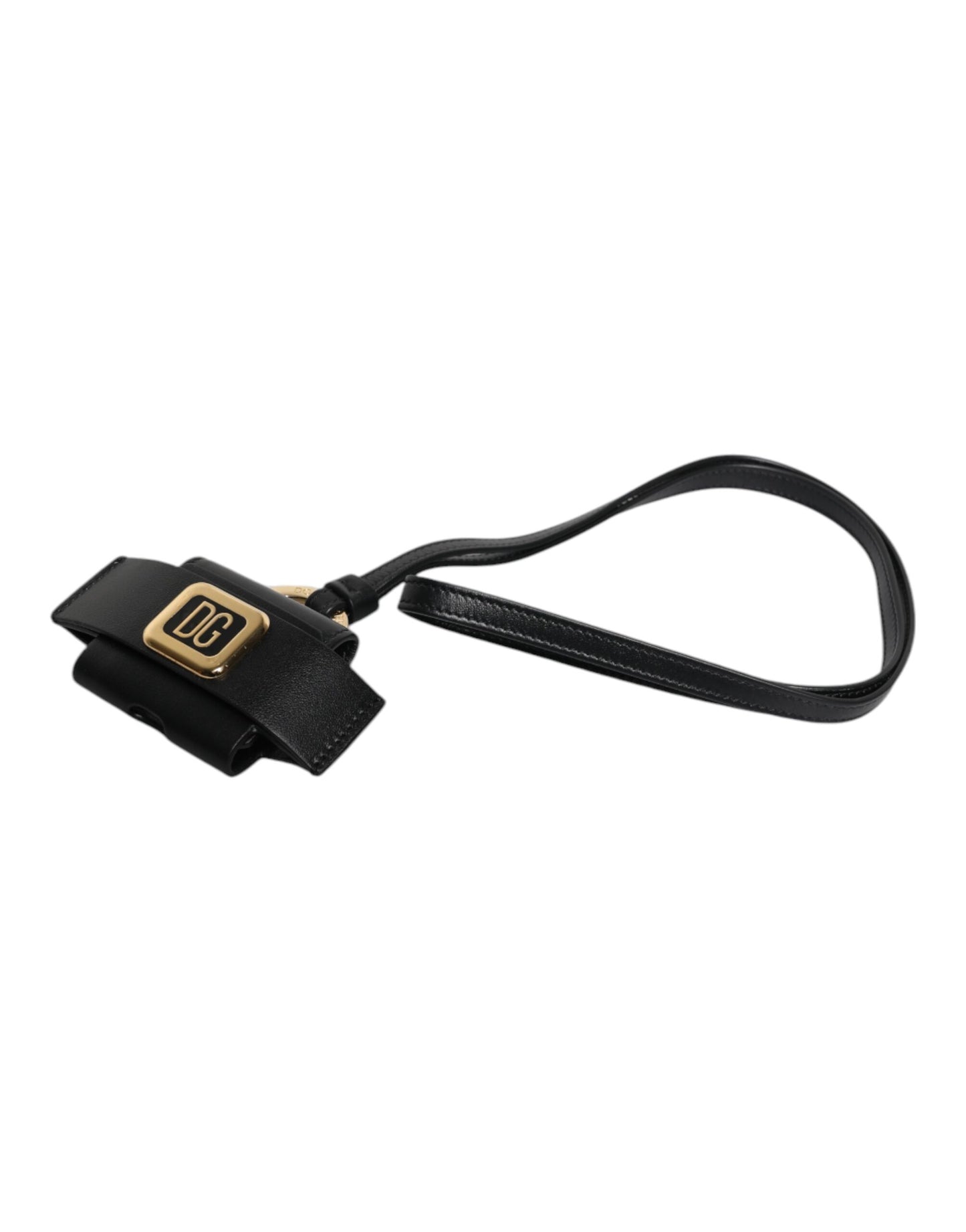 Dolce & Gabbana Black Leather Strap Gold Metal Logo Plaque Airpods Case