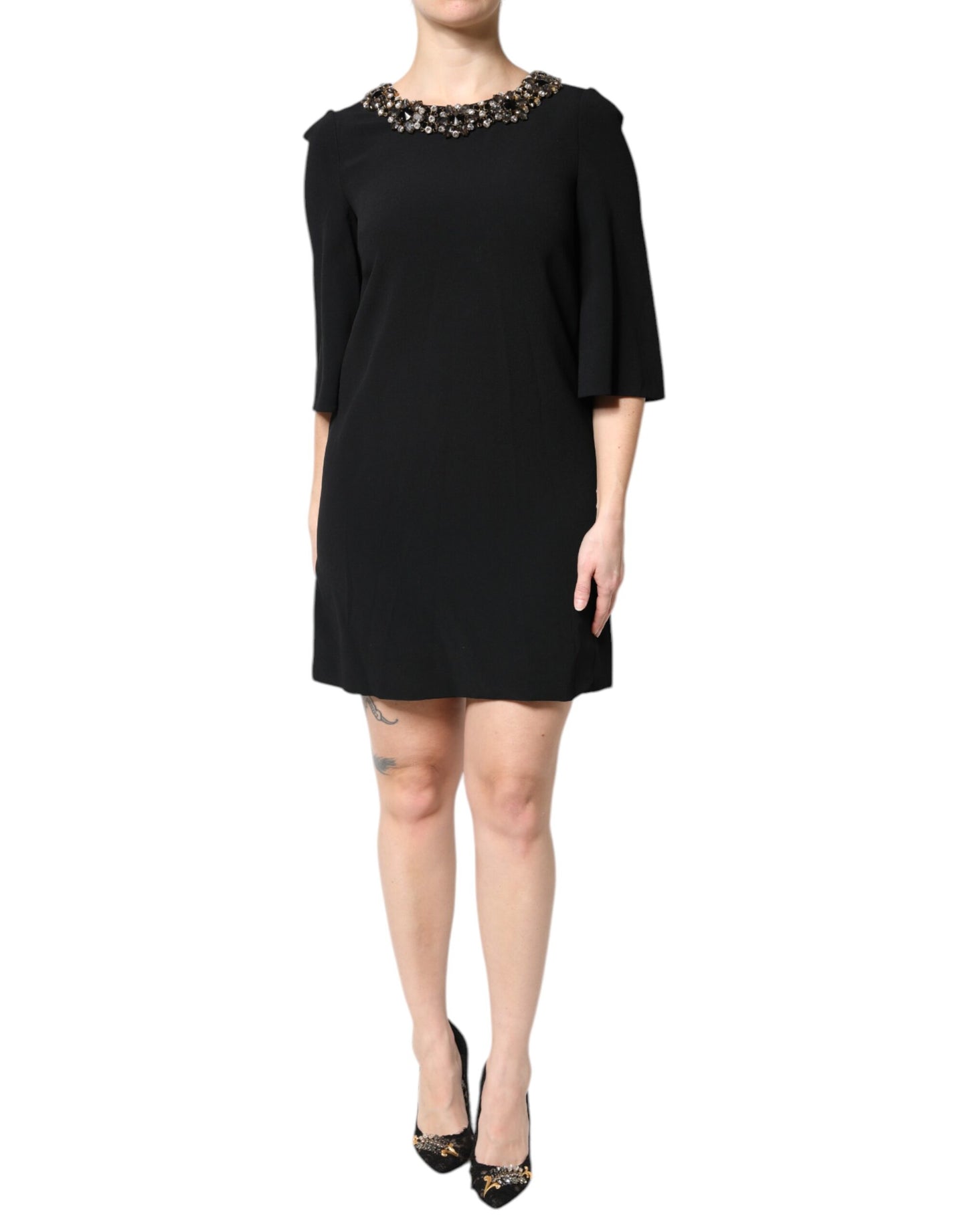 Minivestido negro de cuello redondo adornado con cristales de Dolce & Gabbana