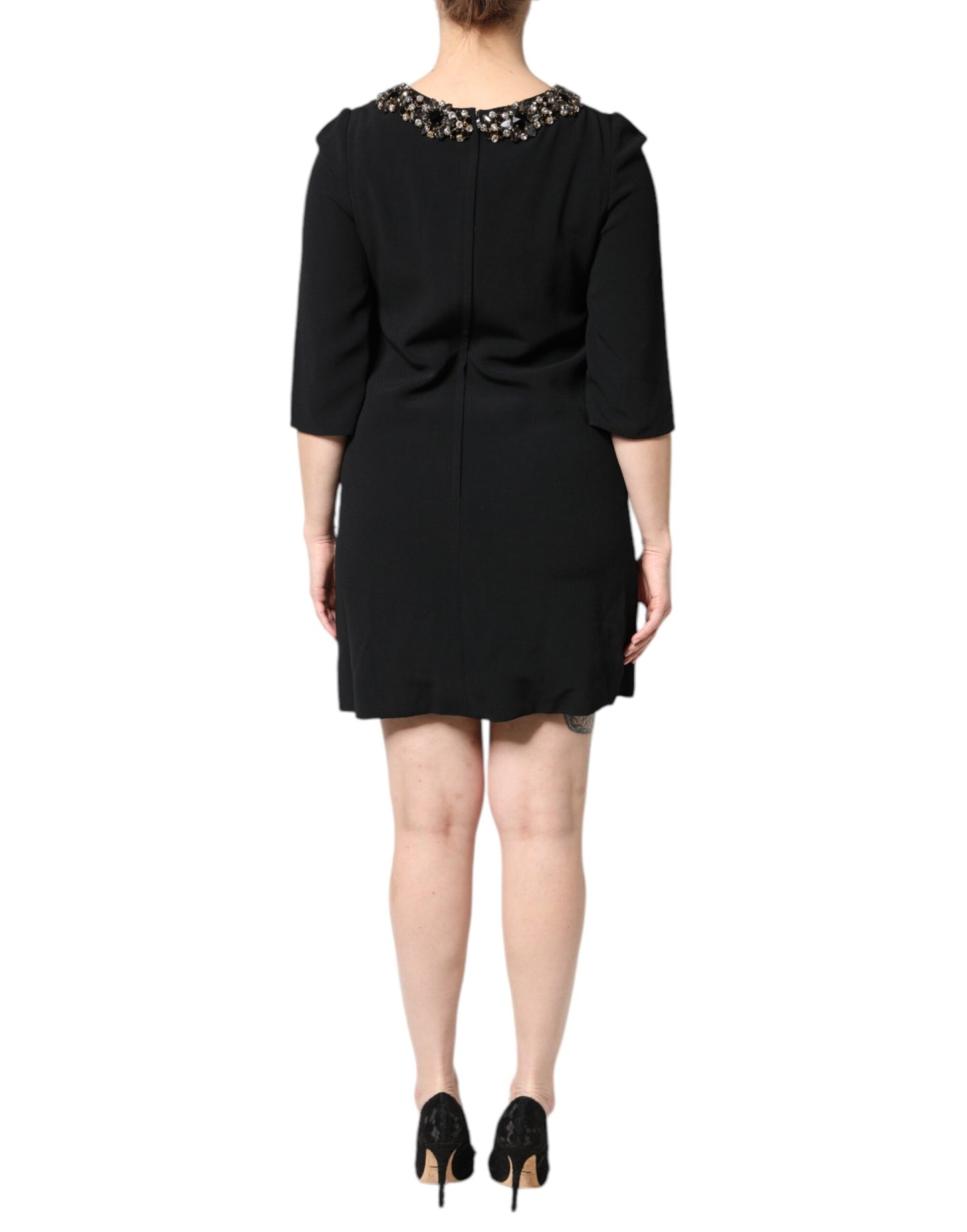 Minivestido negro de cuello redondo adornado con cristales de Dolce & Gabbana