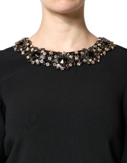 Minivestido negro de cuello redondo adornado con cristales de Dolce & Gabbana