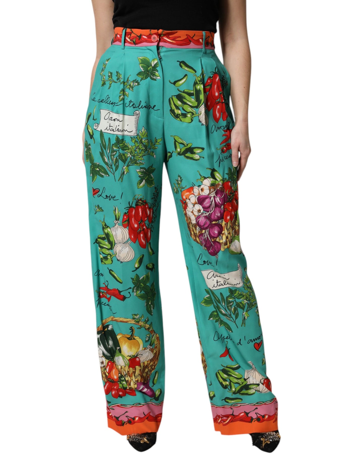 Pantalones Rectos Estampados de Seda Verde de Dolce & Gabbana