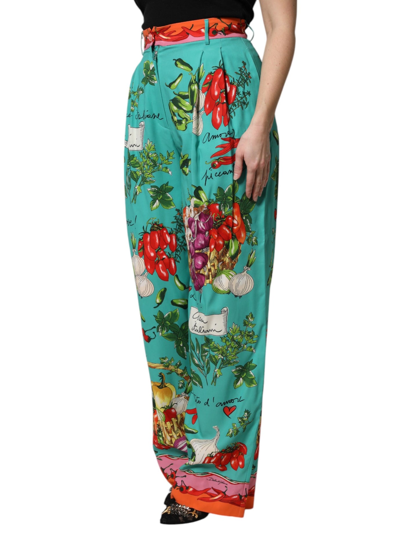 Pantalones Rectos Estampados de Seda Verde de Dolce & Gabbana