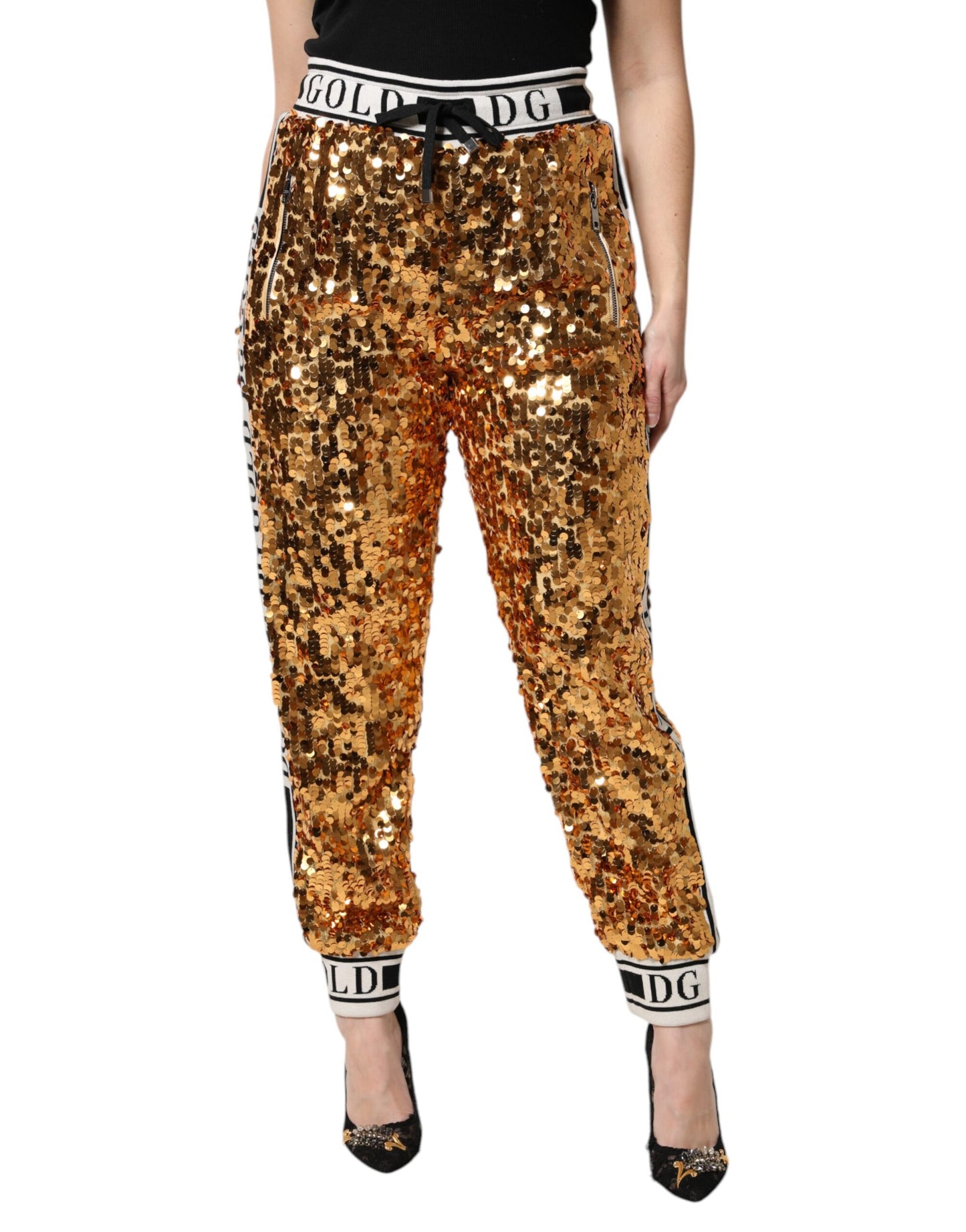 Pantalones jogger con lentejuelas y logotipo DG metálico dorado de Dolce & Gabbana