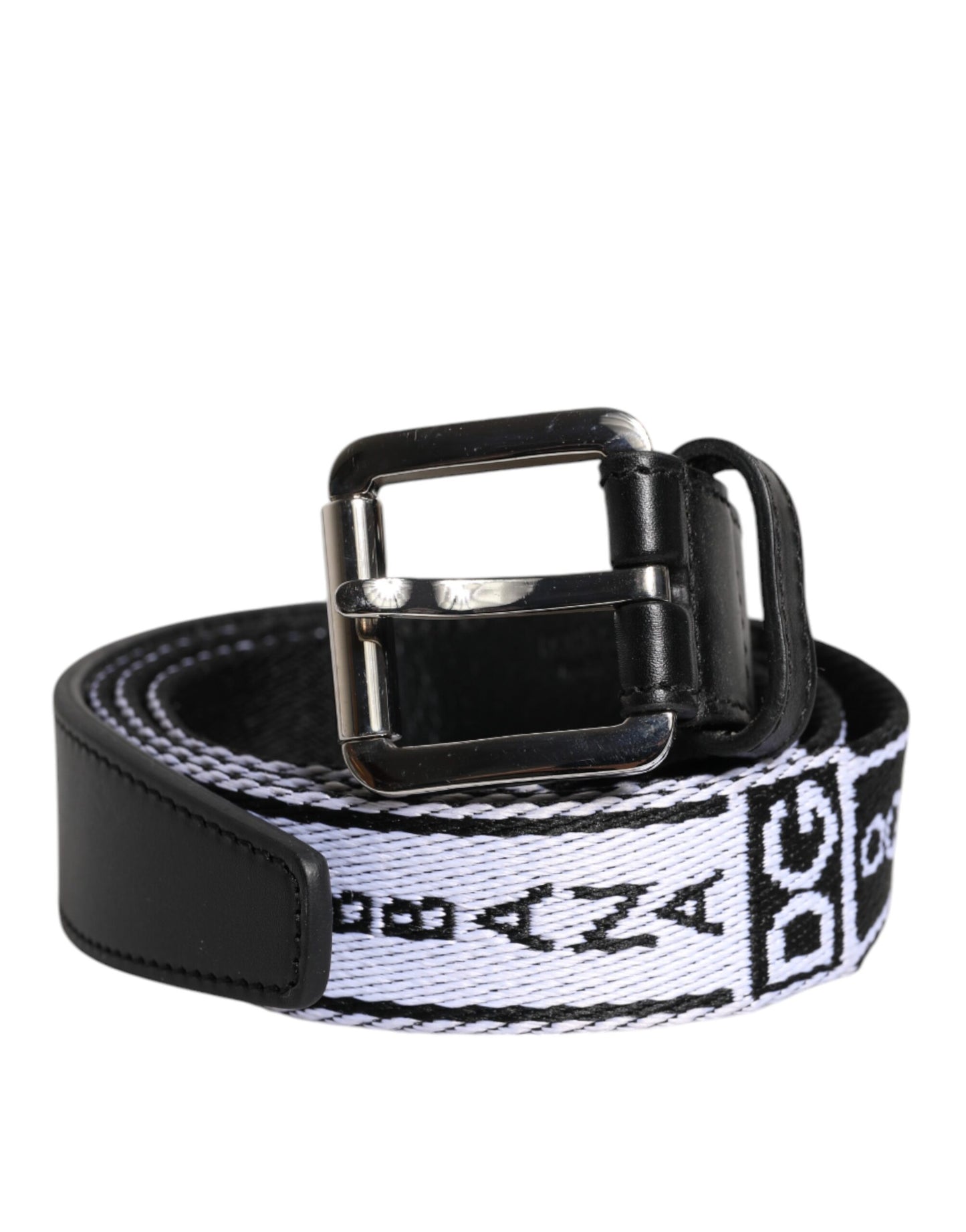 Cinturón con hebilla de logotipo metálico estampado en blanco y negro de Dolce & Gabbana