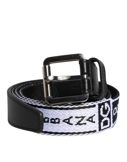 Cinturón con hebilla de logotipo metálico estampado en blanco y negro de Dolce & Gabbana