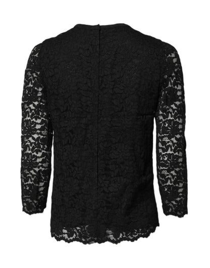 Top Dolce & Gabbana de encaje negro con cuello redondo y manga larga para PERSONAL