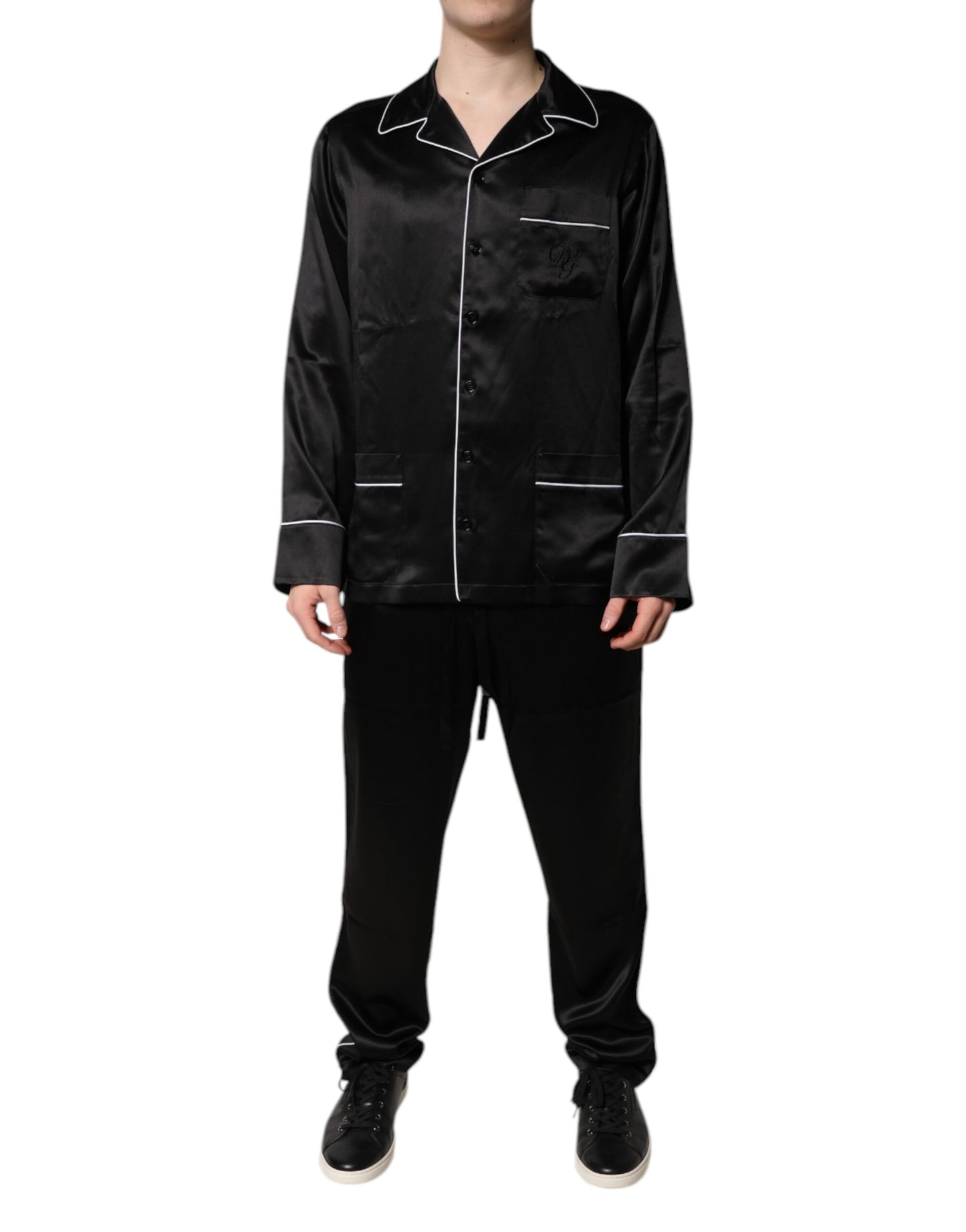 Pijama de seda negro de camisa y pantalón Dolce & Gabbana Ropa de dormir