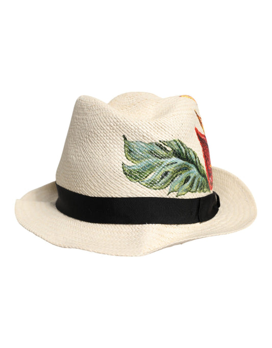 Sombrero Fedora de ala ancha con estampado floral y paja, beige, de Dolce & Gabbana