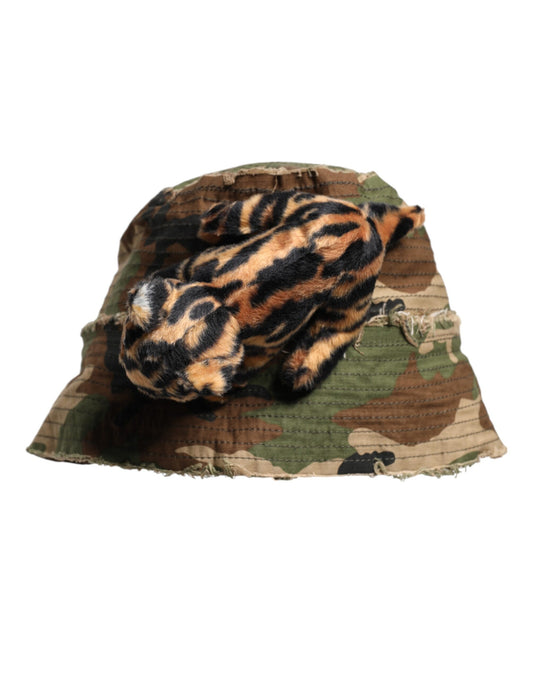 Sombrero de cubo de ala ancha con estampado de leopardo multicolor adornado de Dolce & Gabbana