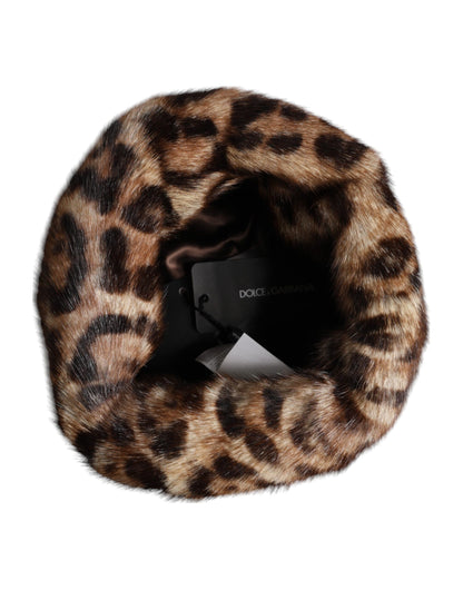 Gorro tipo pescador de mujer Dolce & Gabbana de piel sintética marrón con estampado de leopardo