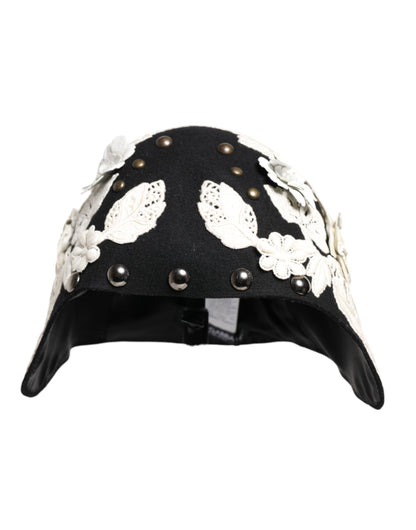 Sombrero Cloche Dolce & Gabbana de Lana Negra con Flores Blancas y Hojas Doradas
