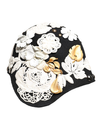 Sombrero Cloche Dolce & Gabbana de Lana Negra con Flores Blancas y Hojas Doradas