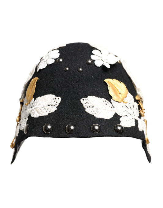 Sombrero Cloche Dolce & Gabbana de Lana Negra con Flores Blancas y Hojas Doradas