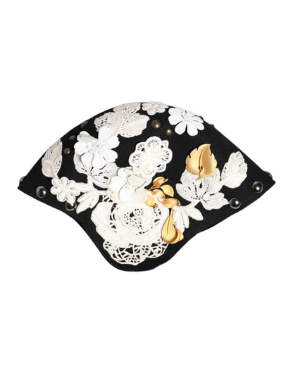 Sombrero Cloche Dolce & Gabbana de Lana Negra con Flores Blancas y Hojas Doradas
