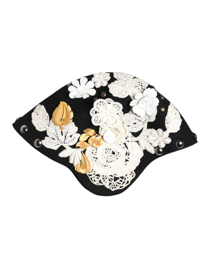 Sombrero Cloche Dolce & Gabbana de Lana Negra con Flores Blancas y Hojas Doradas