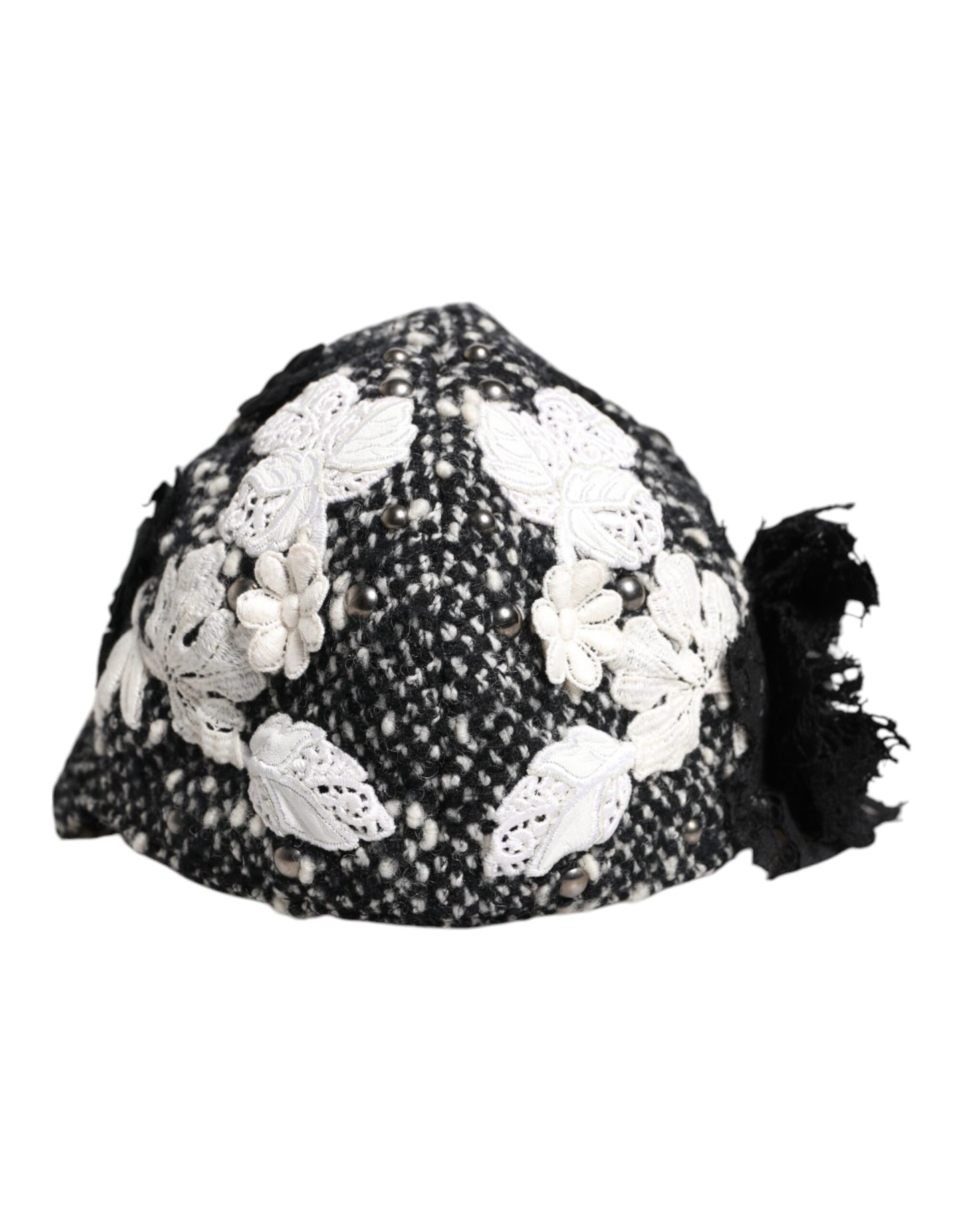 Gorro Cloche Dolce & Gabbana de Lana Negra con Adornos Florales Blancos