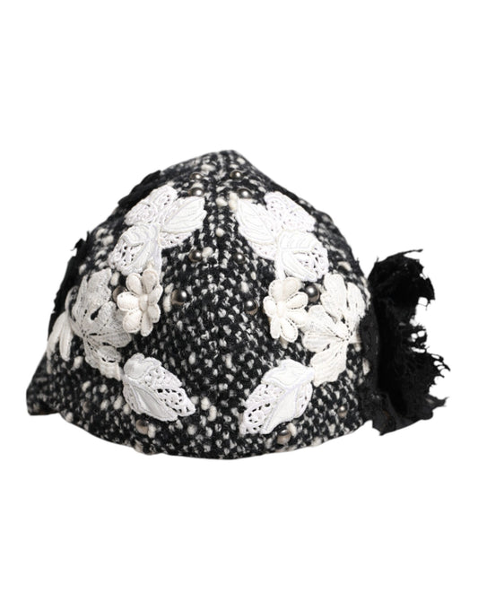 Gorro Cloche Dolce & Gabbana de Lana Negra con Adornos Florales Blancos