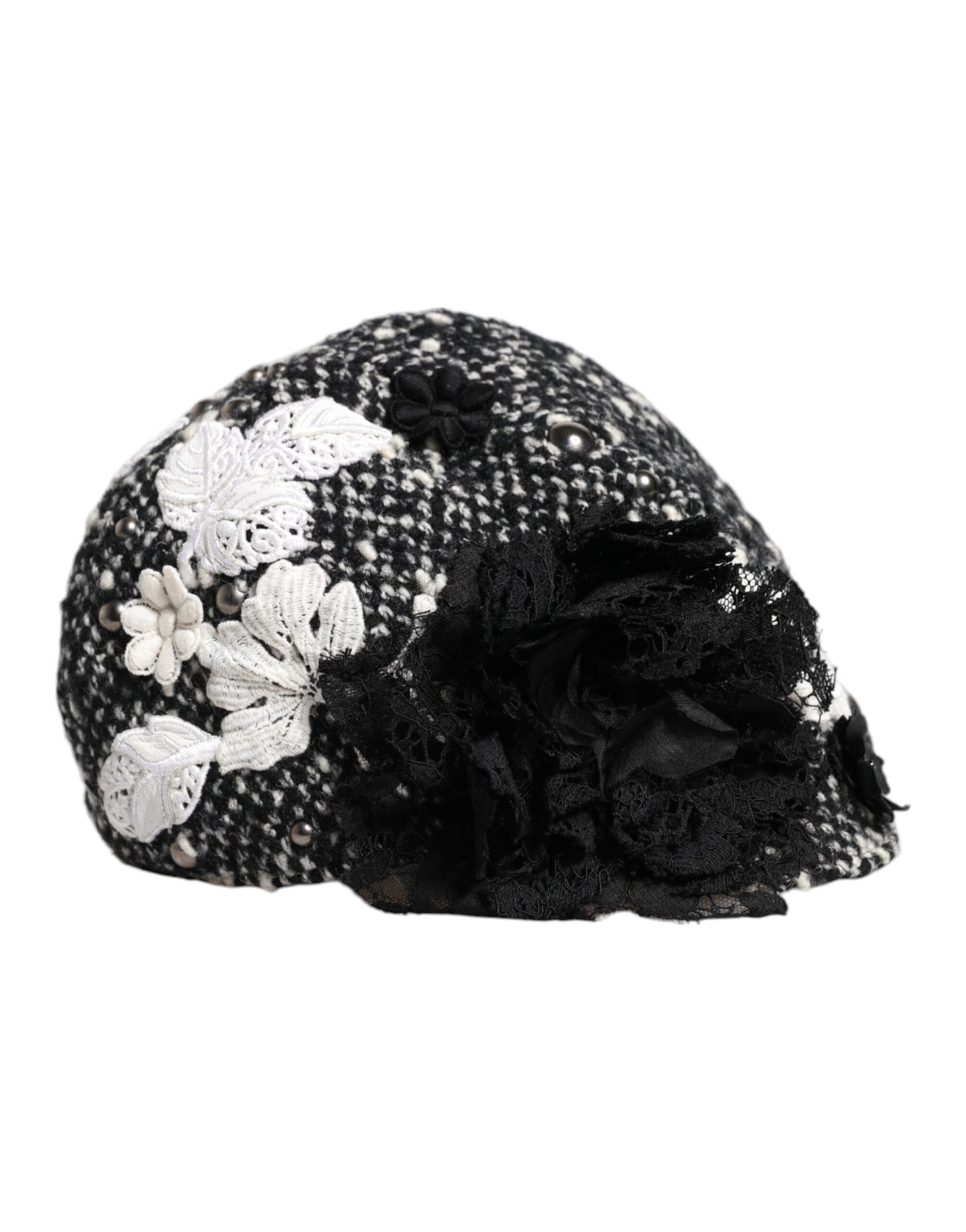 Gorro Cloche Dolce & Gabbana de Lana Negra con Adornos Florales Blancos