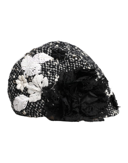 Gorro Cloche Dolce & Gabbana de Lana Negra con Adornos Florales Blancos