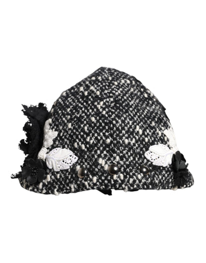 Gorro Cloche Dolce & Gabbana de Lana Negra con Adornos Florales Blancos