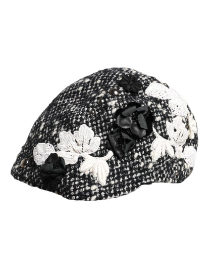 Gorro Cloche Dolce & Gabbana de Lana Negra con Adornos Florales Blancos