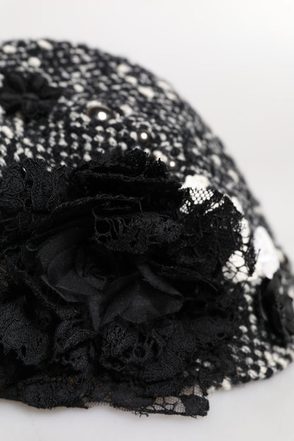 Gorro Cloche Dolce & Gabbana de Lana Negra con Adornos Florales Blancos