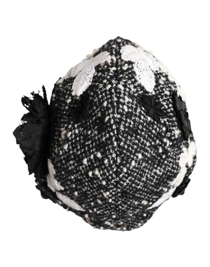 Gorro Cloche Dolce & Gabbana de Lana Negra con Adornos Florales Blancos