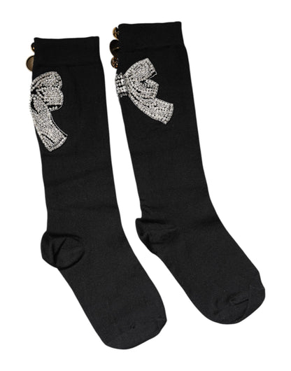 Calcetines Dolce & Gabbana negros de punto con adorno floral de cristal