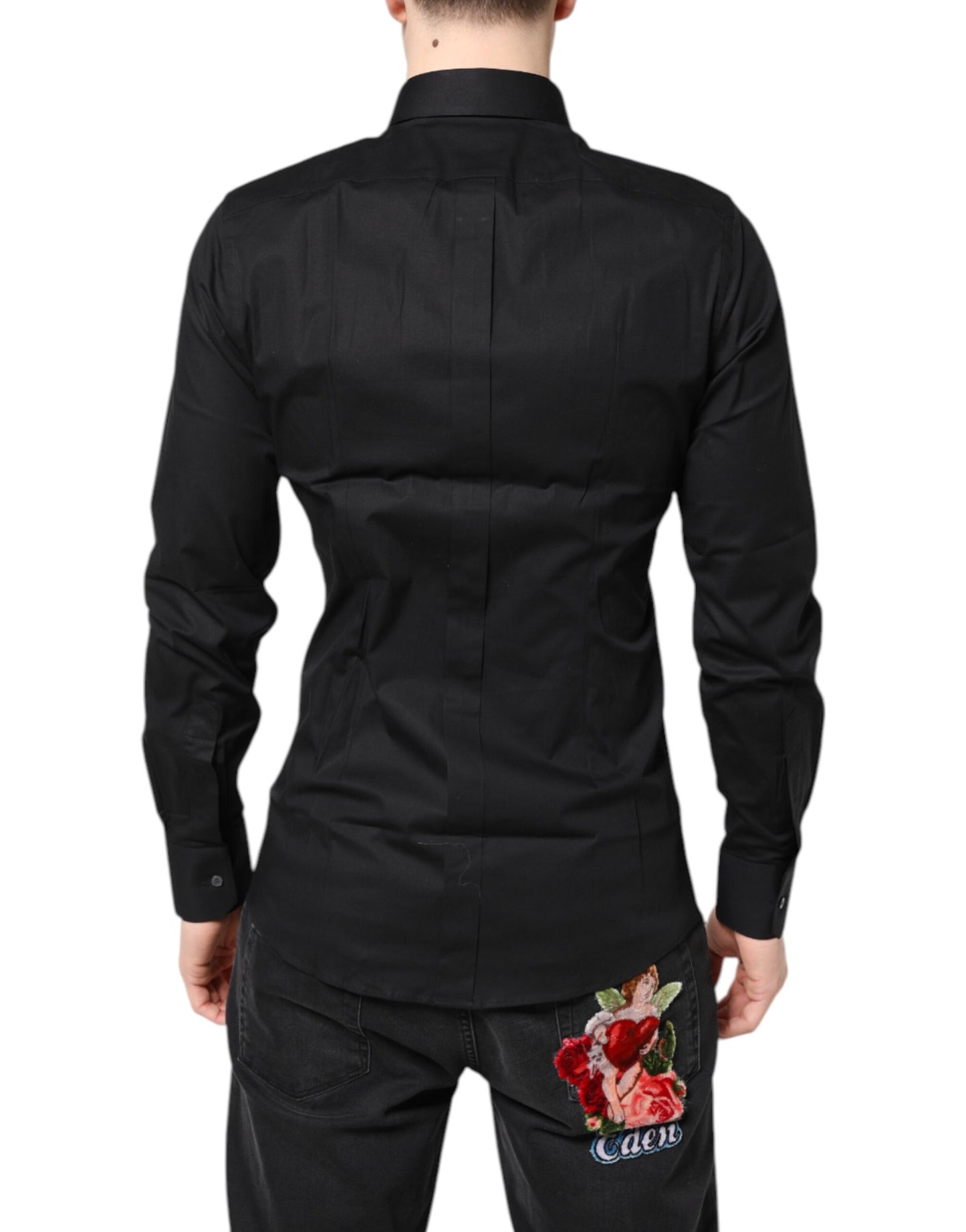Dolce & Gabbana Camisa de vestir de manga larga de algodón negra DORADA