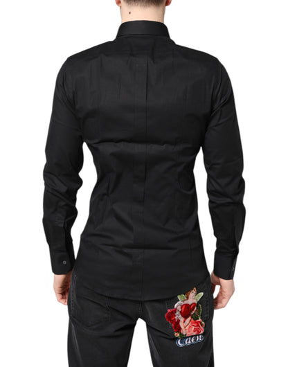 Dolce & Gabbana Camisa de vestir de manga larga de algodón negra DORADA