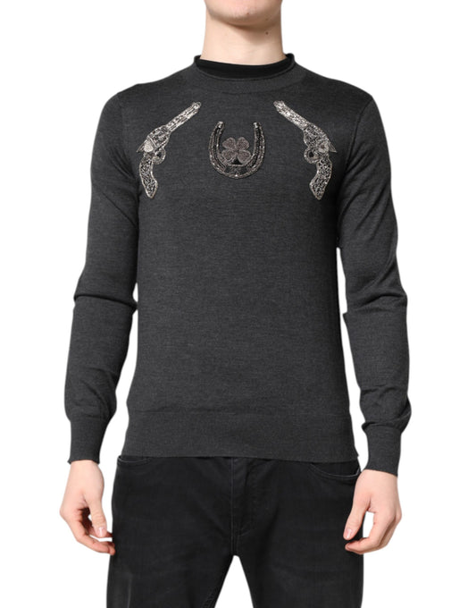 Suéter de punto con bordado gris para hombre Dolce & Gabbana