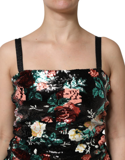 Vestido recto sin mangas Dolce & Gabbana negro con lentejuelas florales