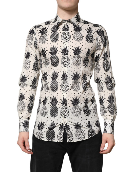 Camisa Dorada de Manga Larga con Estampado de Piñas Blancas de Dolce & Gabbana