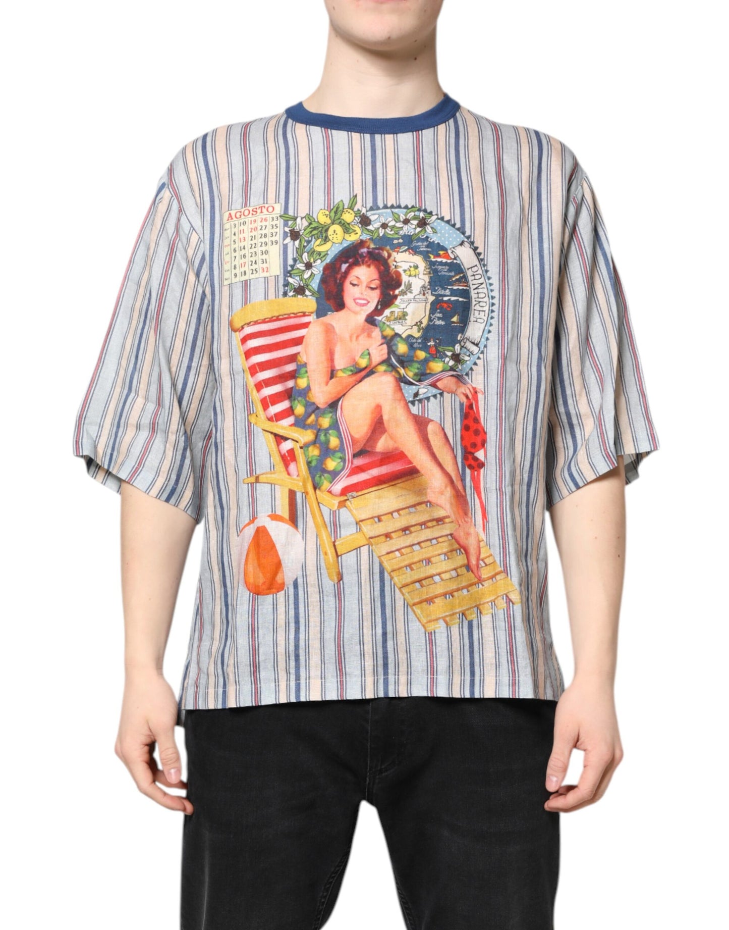 Camiseta Dolce & Gabbana de lino con cuello redondo y estampado de rayas multicolor Pin Up