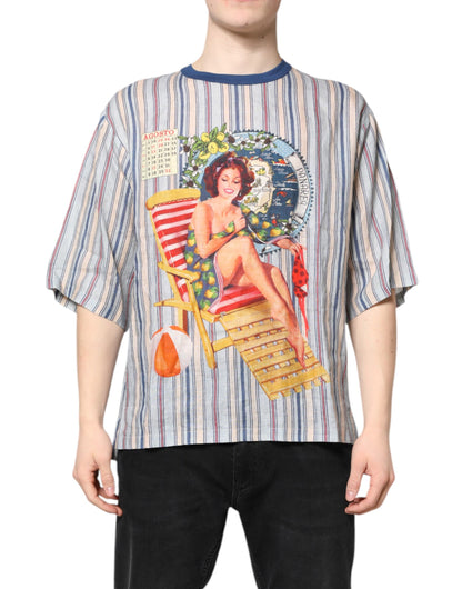 Camiseta Dolce & Gabbana de lino con cuello redondo y estampado de rayas multicolor Pin Up